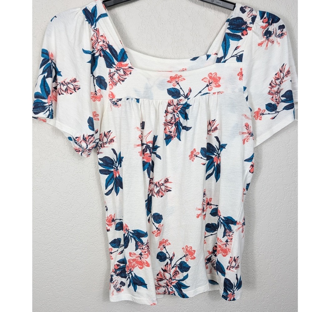 Lucky‎ Brand Floral Top Women's S Small Square Neck Short Sleeve White Blue Pink